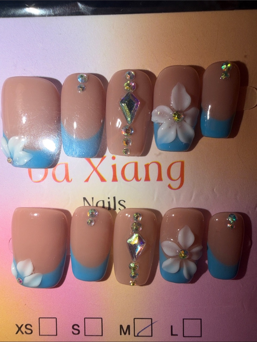 Blue French Tip Floral Press-On Nails with Rhinestones